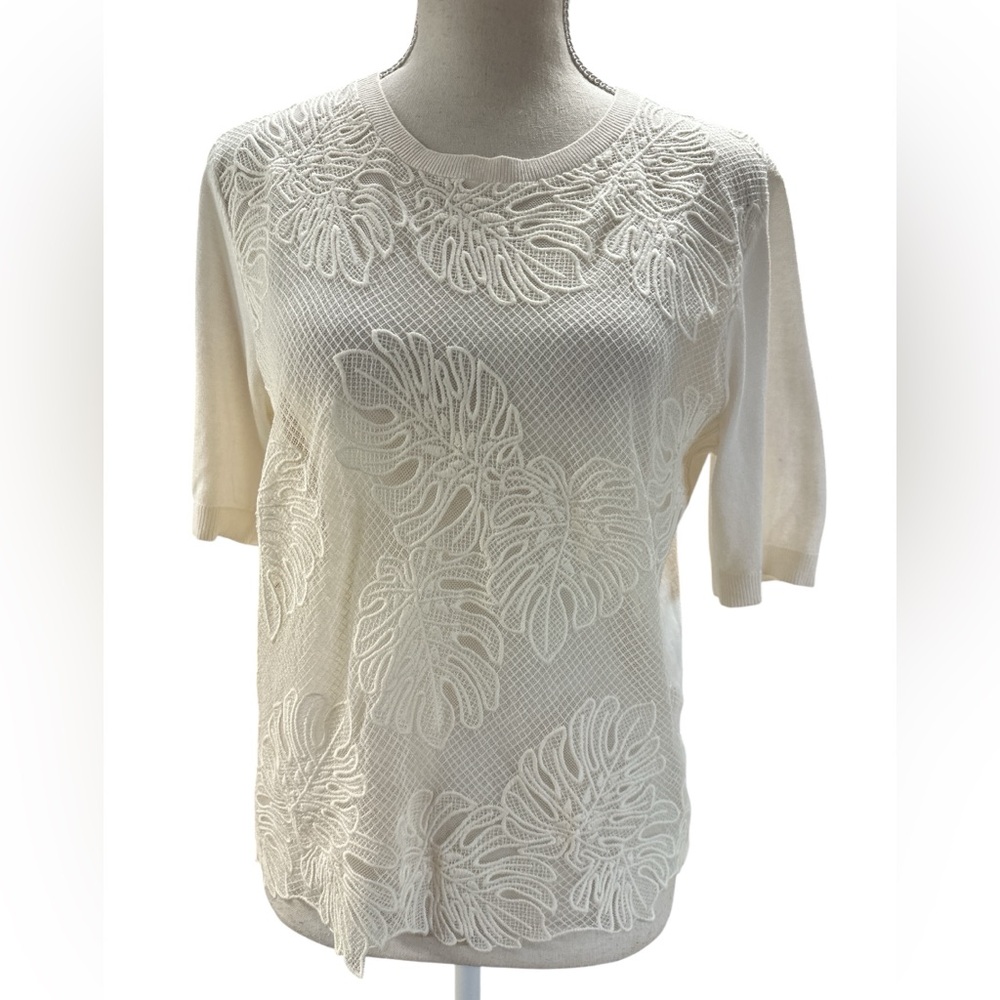 Loft Cream Shortsleeved Sheer Lightweight Lace Leaves Cotton Stretch Sweater S